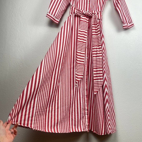 Zara Woman Red and White Stripe A-Line Shirt Dress Maxi Tie Waist Womens S - Picture 4 of 13